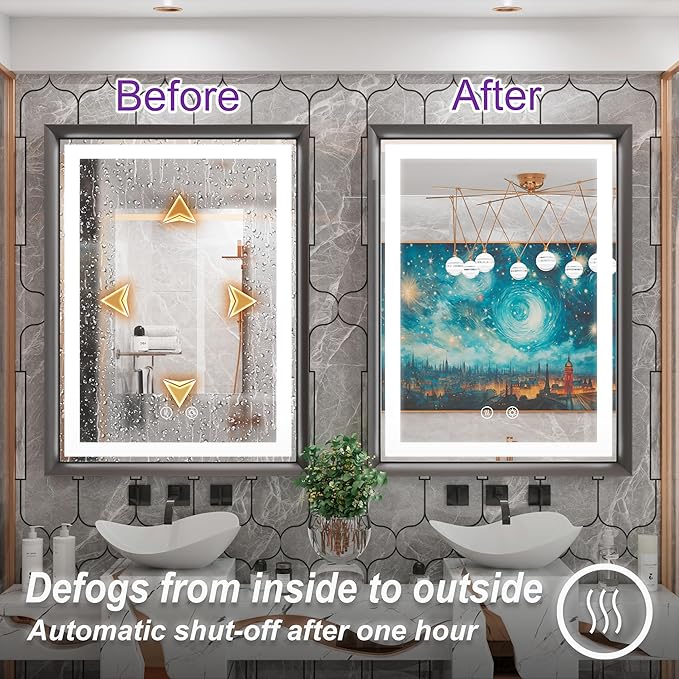 28x36 Inch LED Mirror for Bathroom, 3 Color Temperatures (3000K/4500K/6000K), Anti-Fog, Dimmable Lights, Memory Function, Matte Black Aluminum Frame
