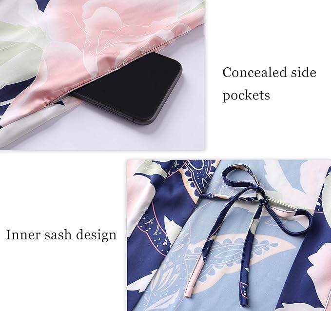 PRODESIGN Kimono Robe for Women - Long Satin Sleepwear Silky Kimono Cover-Up Nightgown Japanese Bathrobe Loungewear Blouse