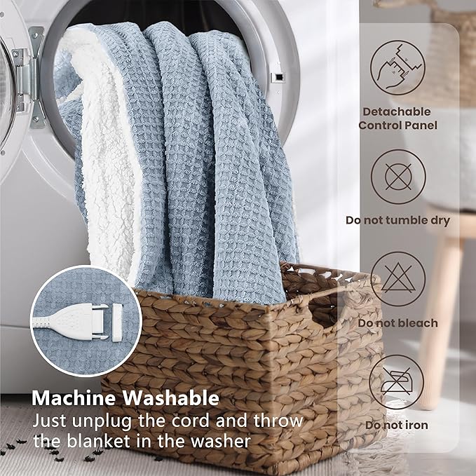 Heated Blanket Electric Blanket King Waffle, 90x100 Inches Dual Controllers Sherpa Fleece Fast Heating Blanket 6 Heating Levels & 10 Hours Auto Off ETL Certification, Haze Blue King