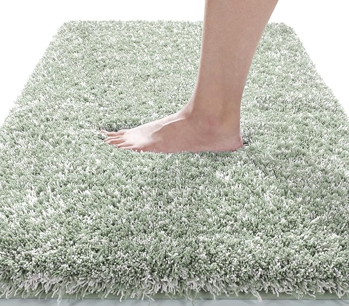 Yimobra Light Green and White Bathroom Rugs Non Slip Washable 44x24, Ultra Soft and Water Absorbent Bath Mats, Plush Fluffy Shower Mat Outside, Luxury Microfiber Thick Matts for Bathroom Floor/Tub