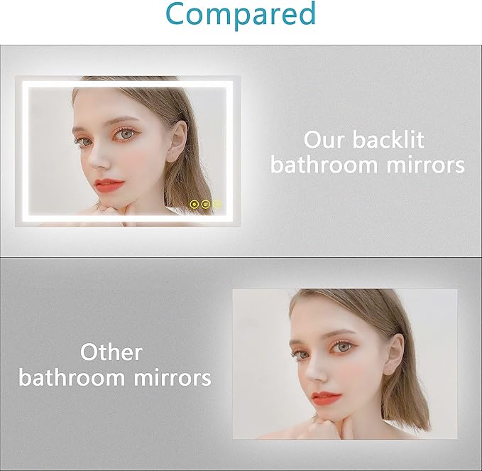 Wall-Mounted LED Square Bathroom Mirror, Makeup Mirror (36 inches x 24 inches,) 3 Color Stepless Dimmable Memory Bathroom Vanity Mirror with Lights CRI90+ 3000-6400K Smart Mirror with Touch