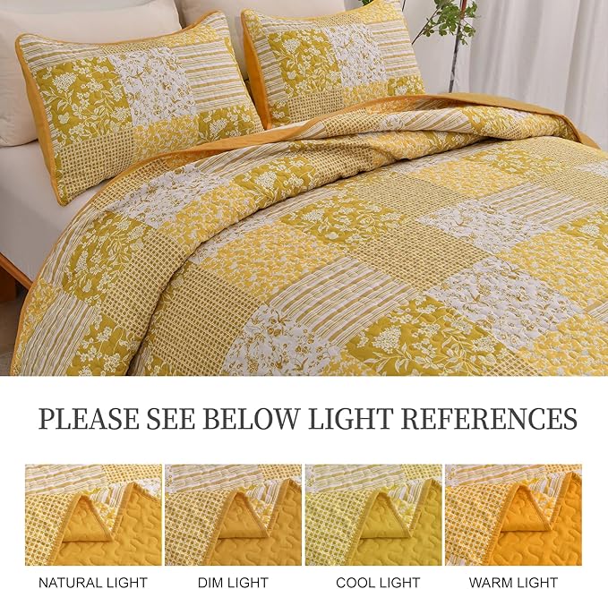 Mybedsoul Yellow Boho Quilt Set Queen Size,3 Pieces Plaid Floral Bedspread Coverlet Set Summer,Patchwork Reversible Bedding Set Queen 90"x96"