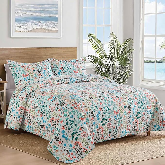 BEDIFANY Queen Size Quilt Bedding Set - Cotton Filling Lightweight Reversible Bedspread with Botanical Floral Pattern, Farmhouse Bed Coverlet for All Seasons, 3-Piece Set (90x98 Inches)