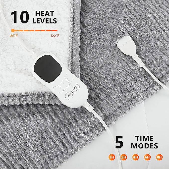 Homemate Electric Heated Blanket Twin Size - 62"x84" Heating Blanket Twin Size 1/2/4/6/8 Hours Auto-Off 10 Heat Level Over-Heat Protection Soft Flannel Sherpa ETL Certification