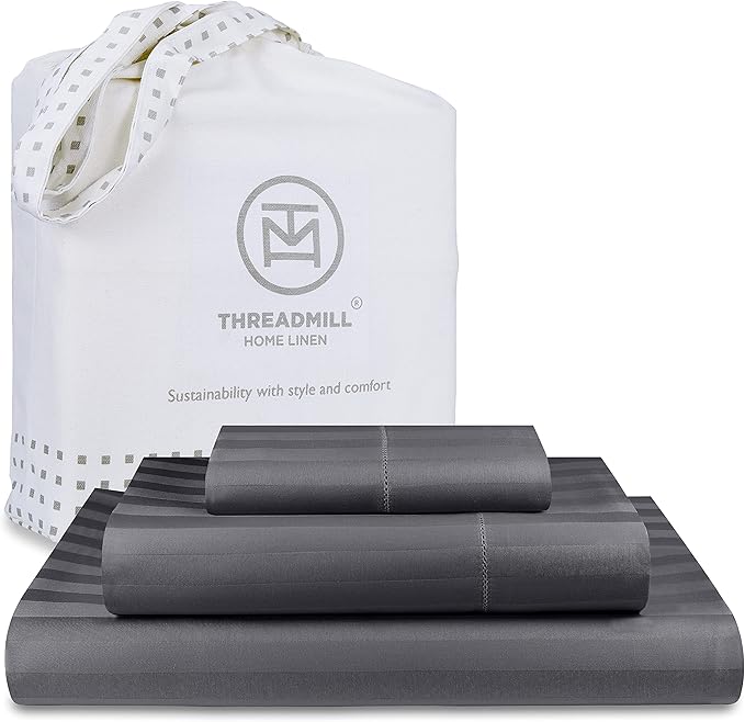 Threadmill 500 Thread Count Twin-XL Size Damask Stripe, 3 Pc Luxury Cotton Bed Sheet Set, Breathable Dark Grey Sheets with 15" Elasticized Deep Pocket, 1 Pillowcase & Free Tote Bag