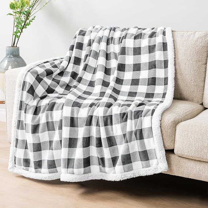 PAVILIA Light Grey Buffalo Plaid Sherpa Throw Blanket for Couch Twin, Soft Fuzzy Flannel Blanket for Bed, Plush Checkered Fleece Blanket and Throws, Warm Thick Winter Blanket Gift, 60x80