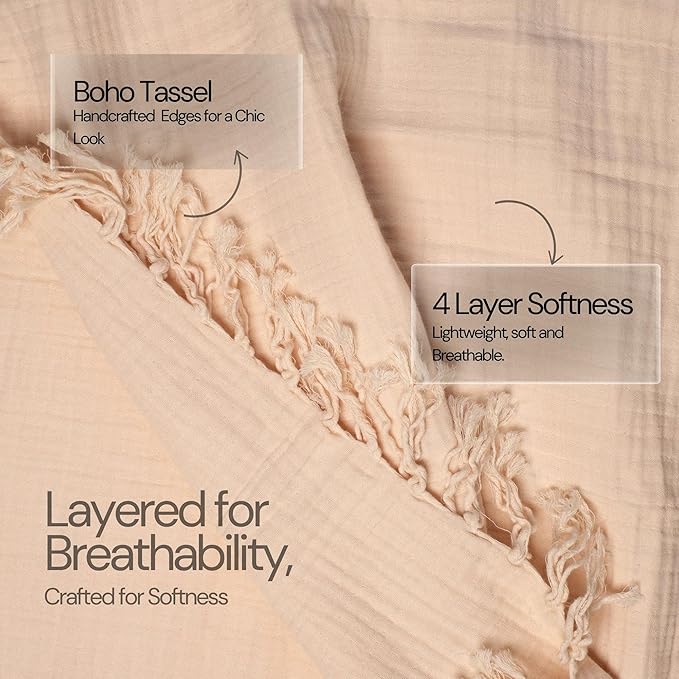 Salt Earth 100% Cotton Muslin Throw Blanket, Gauze Blanket 50"X60" Throw with Tassel 4 Layered for Couch, Bed, Living Room, Home,Lightweight & All Season Blankets & Throws, Skin Friendly (Parchment)
