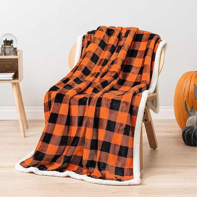 PAVILIA Black Orange Buffalo Plaid Sherpa Throw Blanket for Couch Twin, Soft Fuzzy Flannel Blanket for Bed, Plush Halloween Checkered Fleece Blanket and Throws, Warm Thick Winter Blanket Gift, 60x80