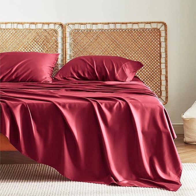 Bedsure Twin Sheets Set, Cooling Sheets Twin Size Bed Set, Rayon Derived from Bamboo, Twin Size Sheets, Breathable & Soft Bed Sheets, Hotel Luxury Silky Bedding Sheets & Pillowcases, Burgundy
