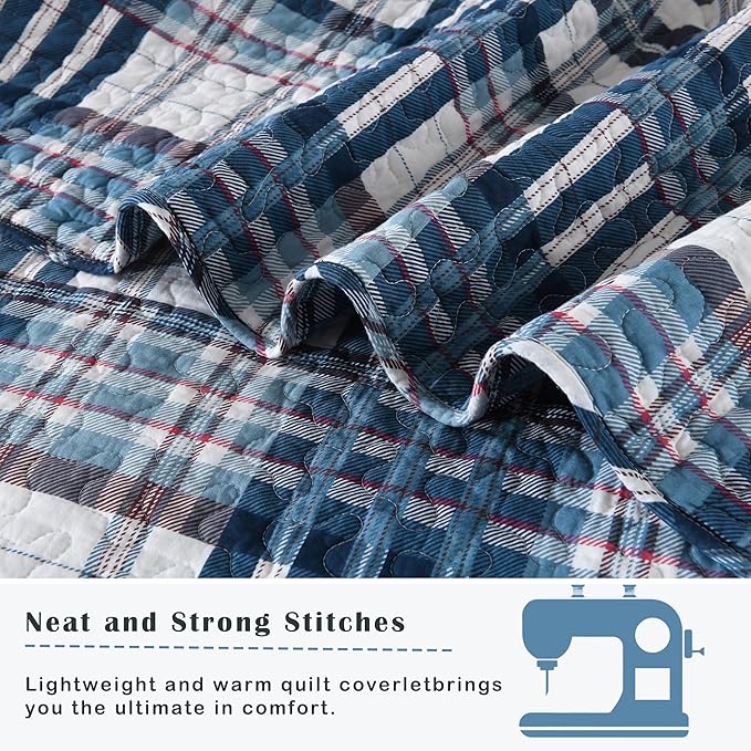 Quilt King Size, Cotton King Size Comforter Set, Blue White Striped Bedding Sets, Plaid King Bedspread,Striped Bed Set Lightweight Reversible All Season 3 Piece