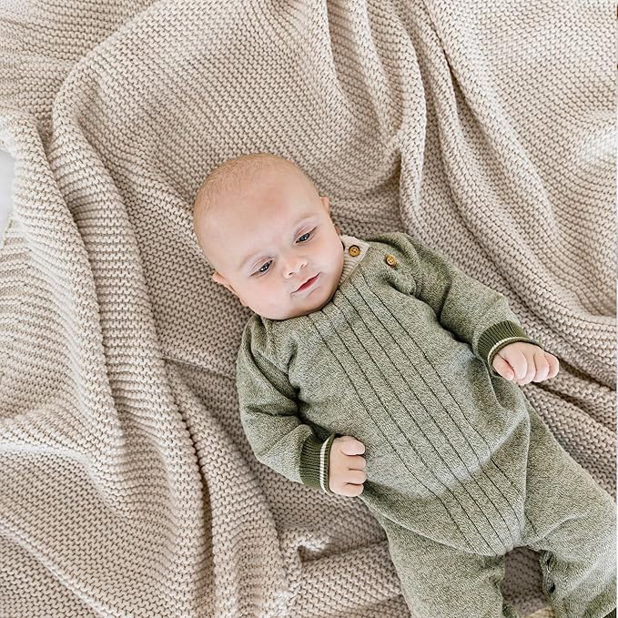 MakeMake Organics Organic Cotton Throw Blanket GOTS Certified Organic Knit Blanket Couch Bed Neutral Fall Colors Soft Cotton Throw Blanket Large (50x60, Beige)