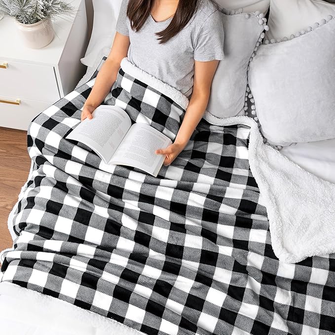 PAVILIA Black and White Buffalo Plaid Sherpa Throw Blanket for Couch Twin, Soft Fuzzy Flannel Blanket for Bed, Plush Checkered Fleece Blanket and Throws, Warm Thick Winter Blanket Gift, 60x80