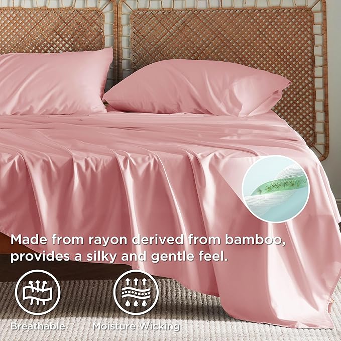 Bedsure Full Size Bed Sheets, Cooling Sheets, Rayon Derived from Bamboo, Breathable & Soft, Deep Pocket Up to 16 Inches, Hotel Luxury Silky Bedding for Hot Sleepers, Blush Pink