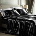 Bedsure Black Satin Sheets Queen Size - 4 Piece Silky Bedsheets with 15 Inches Deep Pocket Fitted Bedsheet,1 Flat Sheet, 2 Satin Pillowcases, Good for Hair & Skin (Queen, Black)