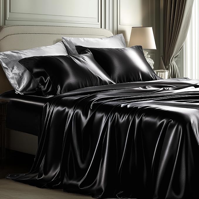 Bedsure Black Satin Sheets Queen Size - 4 Piece Silky Bedsheets with 15 Inches Deep Pocket Fitted Bedsheet,1 Flat Sheet, 2 Satin Pillowcases, Good for Hair & Skin (Queen, Black)