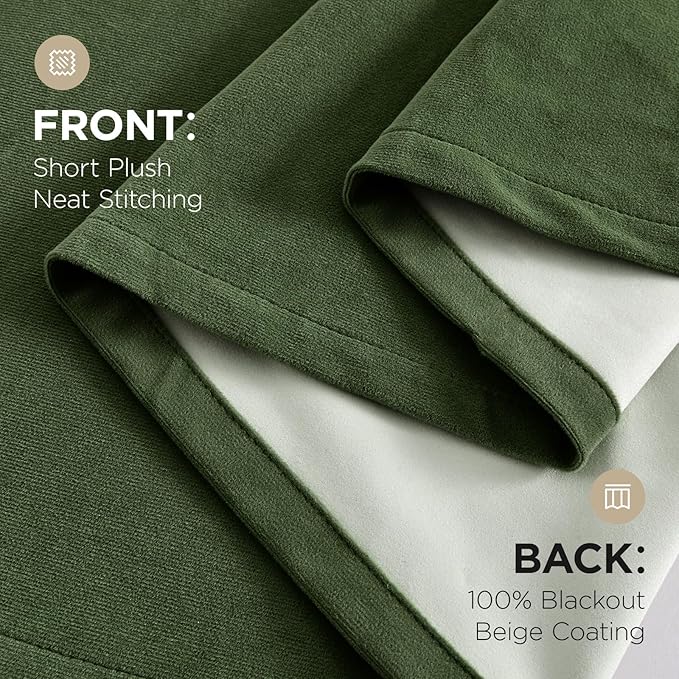 Joydeco Olive Green 100% Blackout Curtains 72 Inch 2 Panels, Luxury Thermal Green Velvet Curtains for Bedroom Living Room, Soundproof Blackout Window Drapes, Rod Pocket & Back Tab (52W x 72L)