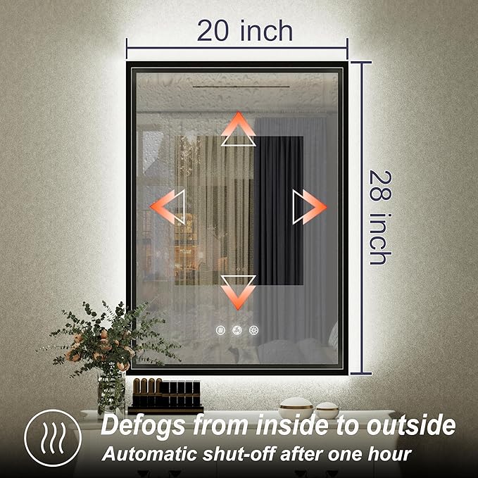 20x28 Inch LED Bathroom Mirror with Front and Back Lighting, 3 Color Temp, Dimmable, Anti-Fog, Black Aluminum Frame Wall Mounted Lighted Bathroom Vanity Mirror