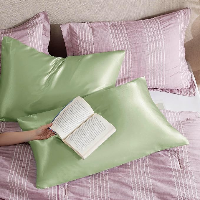 Bedsure Satin Pillowcase with Zipper, Similar to Silk Pillow Cases 2 Pack, Satin Pillow Cases Queen, Silky & Soft Bedding Pillow Covers for Hair & Skin, Gifts for Women Men, Sage Green, 20x30 Inches