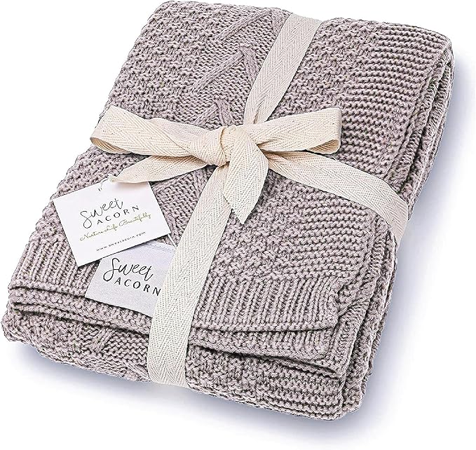 Knit Baby Blanket in Cable Pattern, Organic Cotton Blankets for Crib or Stroller, Receiving Blankets - Fog Grey