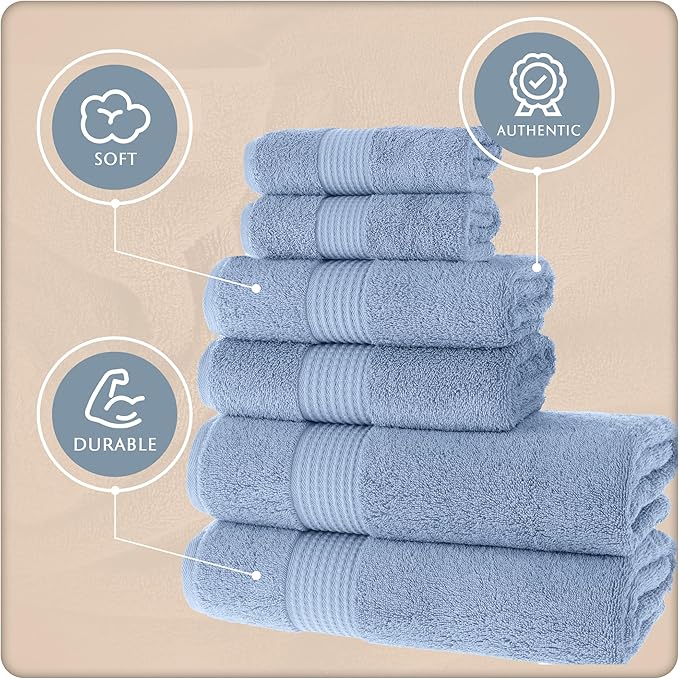 MAURA Basics Bath Towel Sets for Bathroom with Hanging Hook Loops. 2 Bath Towels, 2 Hand Towels, 2 Washcloths, Soft, Durable, Long Lasting and Absorbent Towels Set, Blue Gray