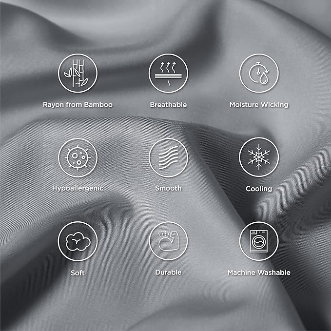 Bedsure King Size Pillow Cases Set of 2, Cooling Pillow Cases King, Rayon Derived from Bamboo Silver Grey Pillowcases, Breathable & Silky Soft Bedding Pillow Cover with Envelope Closure, 20x36 Inches