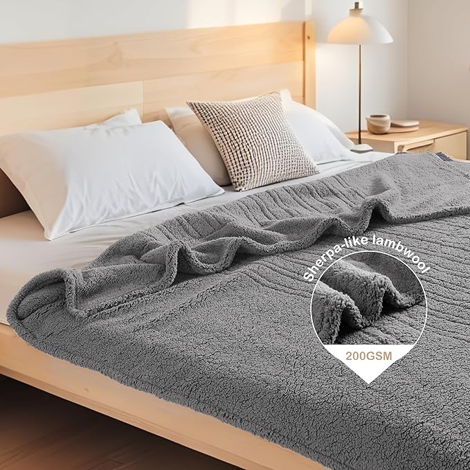 Electric Heated Blanket 6 Heating Settings & 1-10H Auto Off Twin 62×84 Double Sided Plush Sherpa Ultra-Soft Warm Thick, Machine Washable, Fast Heating, Home Office Light Gray
