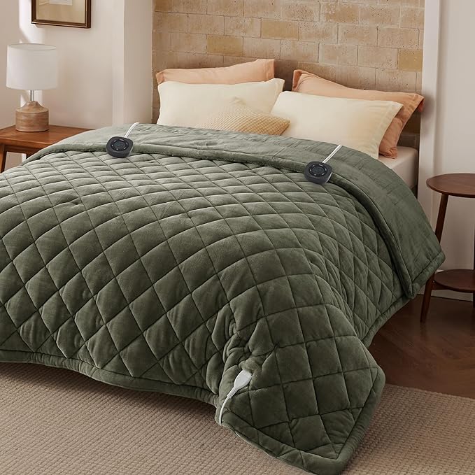 Bedsure Electric Blanket Queen Size - Dual Control Heated Weighted Blanket Queen with 10 Heat Settings, Fast Heating with 10 Time Settings (84x90 inches, Olive Green)