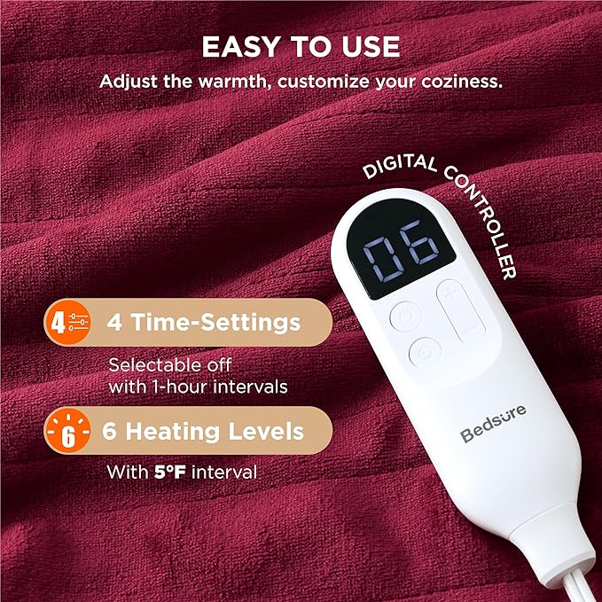 Bedsure Heated Blanket Throw Blanket - Fast Heating Electric Blanket, Soft Flannel Heated Throw with 4 Time Settings, 6 Heating Settings, Gifts for Grandma, Women, Men (50"x60", Burgundy)