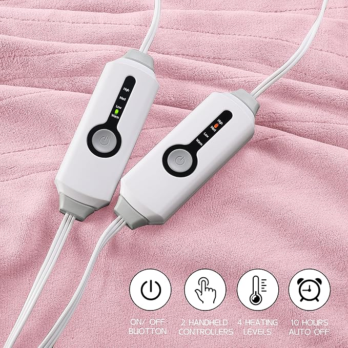 Electric Heated Blanket 90"x100" King Size, Soft Coral Fleece, Dual Controllers with 4 Heating Levels and 10 Hours Auto-Off, Machine Washable, Cozy Plush Fabric for Home, Pink
