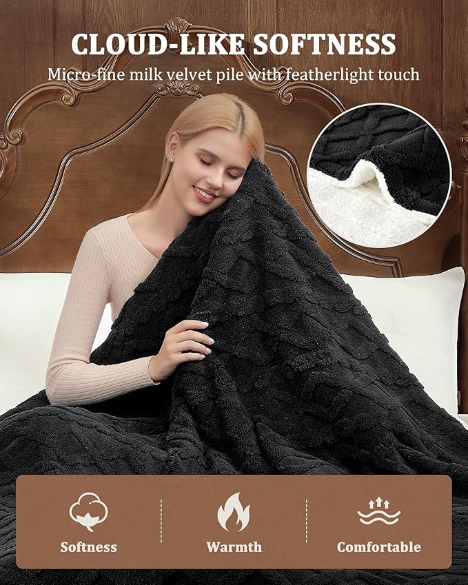 CAROMIO Heated Throw Blanket - Thick Tufted Sherpa Electric Blanket Throw with 10 Heating Levels and 10 Time Settings, ETL Certified Machine Washable Fast Heating Blanket Throw 50"×60", Black