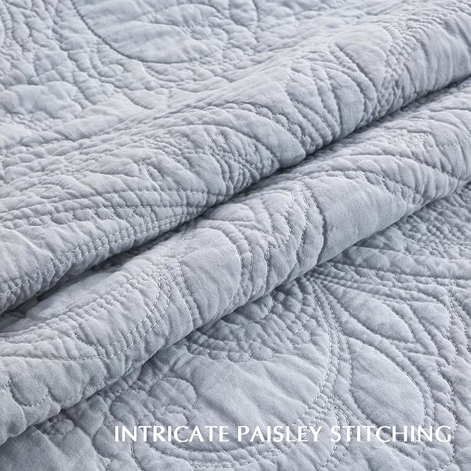 EVERGRACE 100% Cotton Paisley Quilt Set, Queen Size 3 Piece Set – Prewashed Lightweight Bedspread with 2 Shams, Soft & Breathable Matelasse Coverlet for All-Season Comfort, Pearl Blue