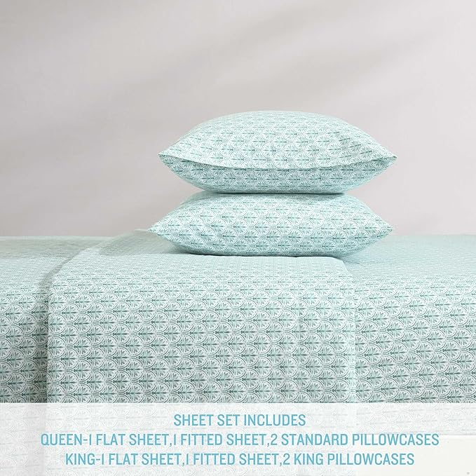 Tommy Bahama - Queen Sheet Set, Super Soft Cotton Percale Bedding with Matching Shams, Tropical Bedding Set, Oeko-Tex Certified (Coastal Batik Green, Queen)