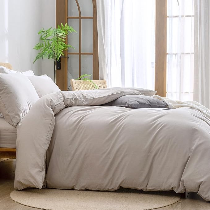 BESTOUCH Duvet Cover Set 100% Washed Cotton Linen Feel Super Soft Comfortable Chic Lightweight 3 PCs Home Bedding Set Solid Linen Grey Full/Double