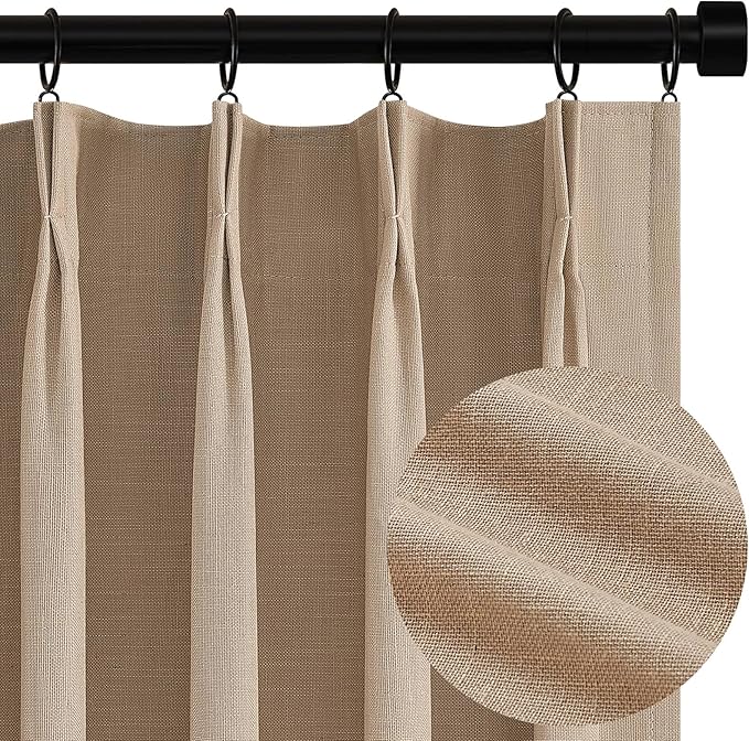Topfinel Pinch Pleat 100% Blackout Curtains & Drapes 84 Inch Length 2 Panels Set, Flax Linen Taupe Tan Beige Room Darkening Soundproof Curtains with Hooks Rings for Bedroom Living Room Track System