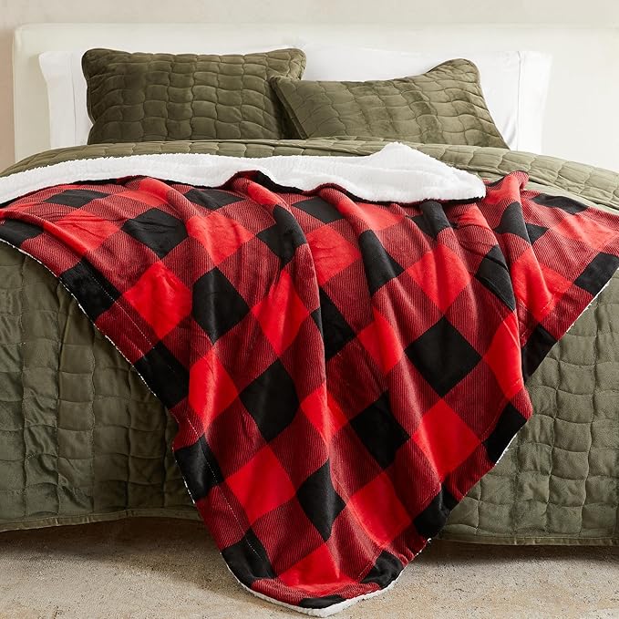 Fleece/Sherpa Throw Blanket - Super Soft Printed Blanket for Couch, Chair, or Bed - Cozy, Luxurious Plush Throw Blanket - Throw 50" x 60", Red/Black Buff Check