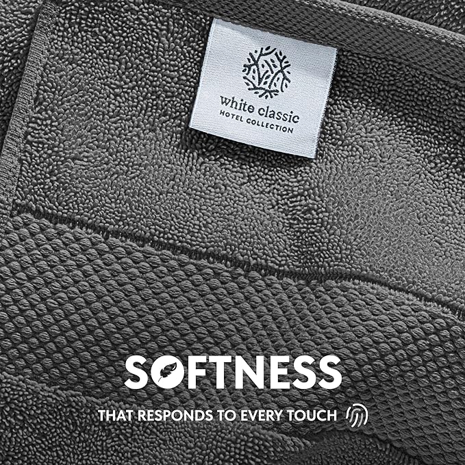 White Classic Luxury Cotton Washcloths 13x13 Inch - 650 GSM Turkish Cotton | Hotel, Spa, Bathroom Face Towel | 12 Pack, Dark Gray