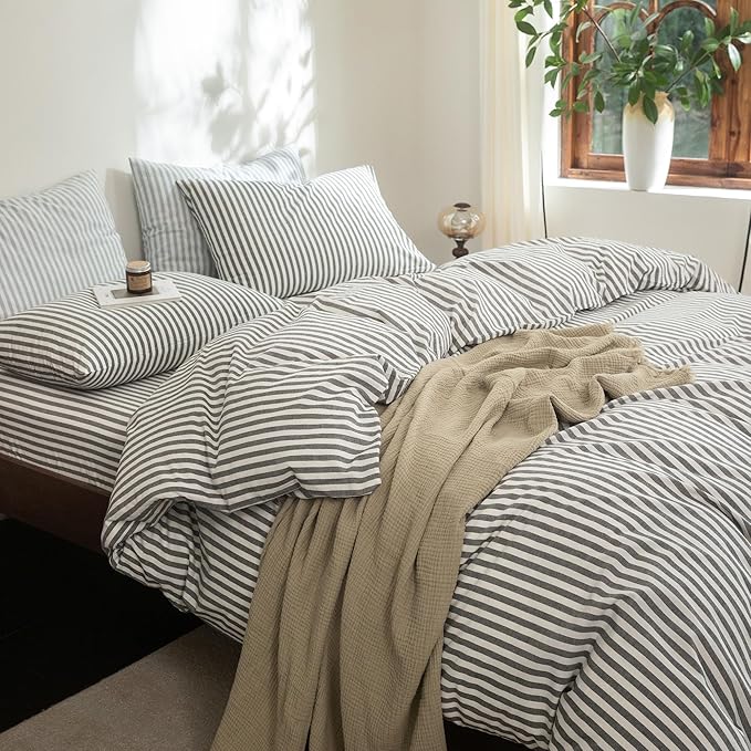 FOSSA Striped Duvet Cover Set 100% Washed Cotton Linen Feel Super Soft Breathable Cozy 3 Pieces Bedding Sets Dark Grey White Classic Stripes King