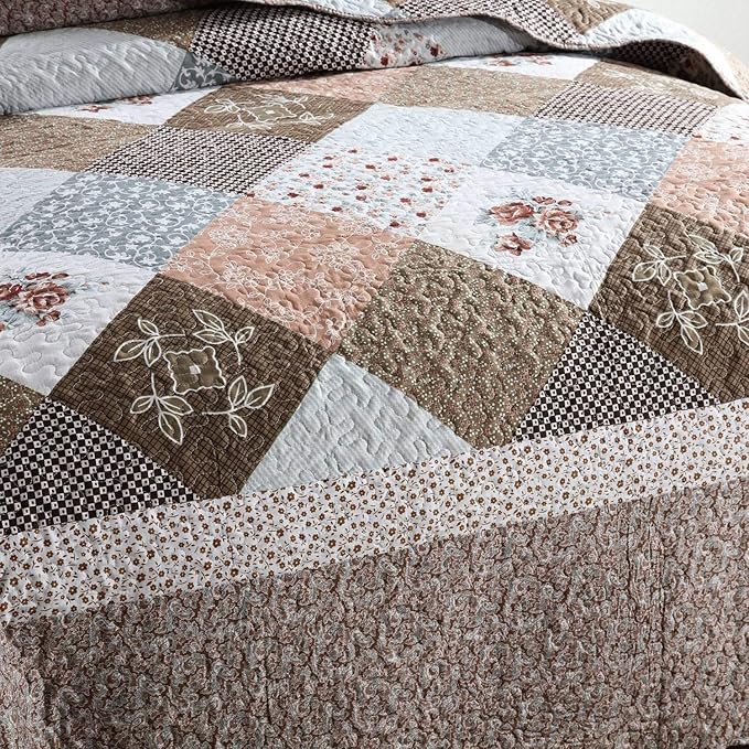 HoneiLife Qversized Queen Quilt - 106"x106" Quilt Sets 3-Piece, Microfiber Bedding Sets Queen Size, Rustic Bedspreads for All Season Use, Patchwork Coverlet for Queen Beds
