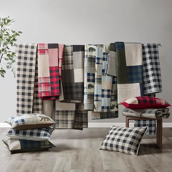 Woolrich Mill Creek Reversible Quilt Set - Cottage Styling Reversed to Solid Color, All Season Lightweight Coverlet, Cozy Bedding Layer, Matching Shams, Oversized Full/Queen, Plaid Green 3 Piece