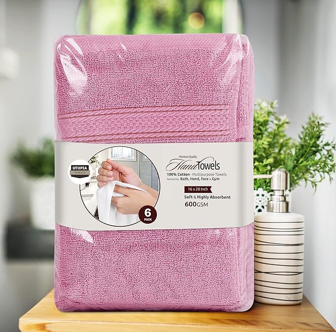 Utopia Towels 6 Pack Premium Hand Towels Set, 16 by 28 inches, 100% Ring Spun Cotton, Ultra Soft and Highly Absorbent 600GSM Towels for Bathroom, Gym, Shower, Hotel, and Spa, Pink