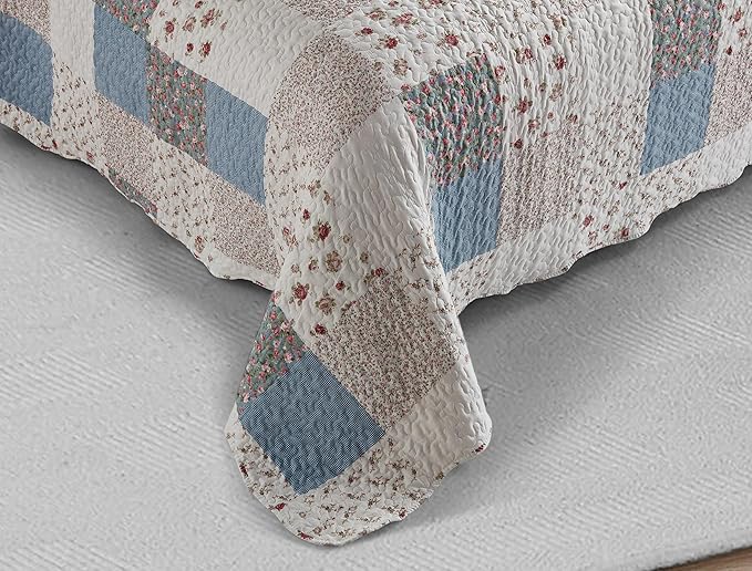 Brilliant Sunshine Pink Rose with Small Blue Check Patchwork, 3-Piece Quilt Set with 2 Shams, Reversible Bedspread, Soft Lightweight Coverlet, All-Season, King, Pink Blue