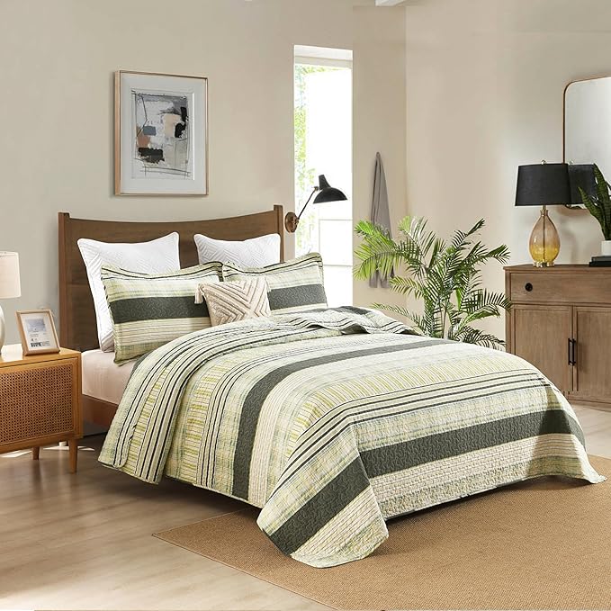 Homzard Queen Quilt - Cotton Comforter Set Queen Size, Green Yellow Striped Quilt Set,Olive Green Plaid Quilted Bedspread, Lightweight Bedding Comforter 3 Pieces All Season