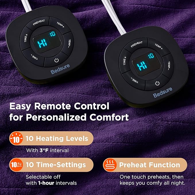 Bedsure Electric Blanket King Size - Dual Control Heated Blanket King Size, Fast Heating with 10 Time Settings & 10 Heat Settings, Warm Gift for Grandma (100x90 inches, Purple)