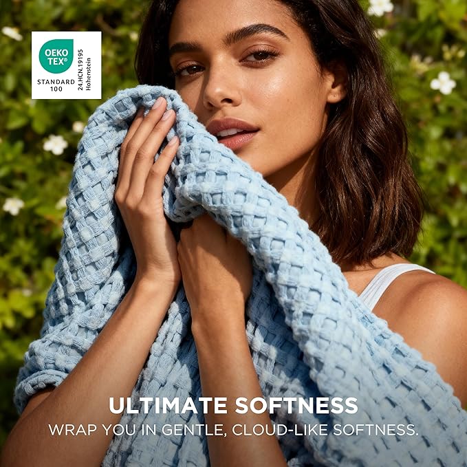 Bedsure Cooling Cotton Waffle Queen Size Blanket - Lightweight Breathable Blanket of Rayon Derived from Bamboo for Hot Sleepers, Luxury Throws for Bed, Couch and Sofa, Blue, 90x90 Inches