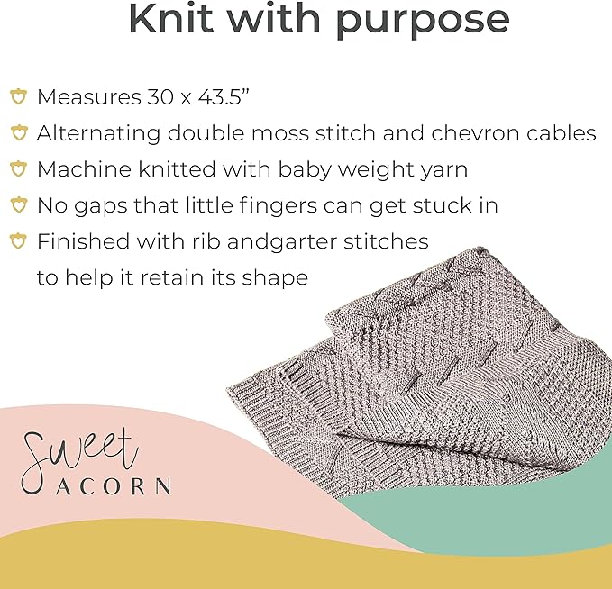 Knit Baby Blanket in Cable Pattern, Organic Cotton Blankets for Crib or Stroller, Receiving Blankets - Fog Grey