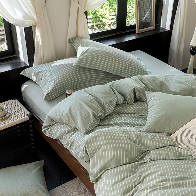 Reversible Duvet Cover Set 100% Washed Cotton Green Stripe Linen Feel Duvet Cover Queen Size with Zipper Closure & 2 Pillow Shams,Celadon Green/White Stripe Reverse Solid Celadon Green