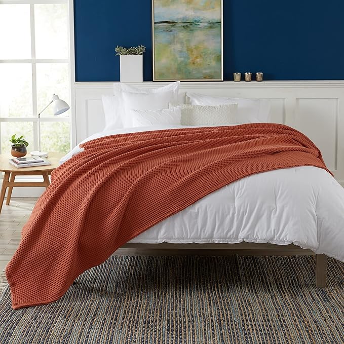 100% Cotton Waffle Weave Bed Blanket | Soft, Breathable, and Lightweight Blanket for All-Season | Perfect for Layering | Brielle Collection (King, Burnt Orange)