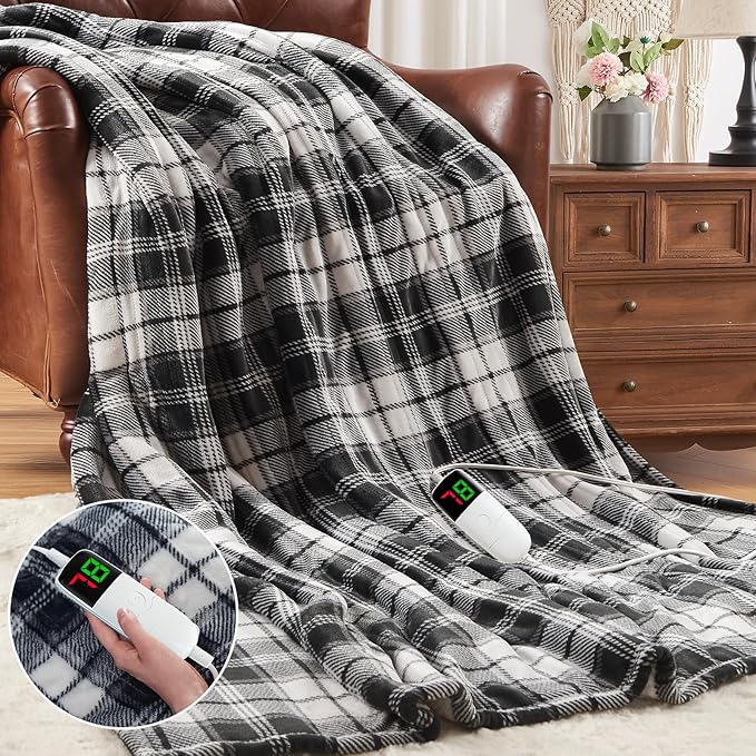 Black Heated Blanket Electric Throw, 50X60 Heating Throw with 10 Heats Levels & 8 Hours Auto Off, Plaid Soft Sherpa Blankets Warmer Gifts for Men Dad Boys Home Decor for Living Room Bedroom Office