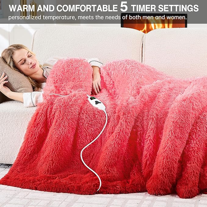 Heated Electric Blanket Throw,Warm Winter Birthday Gifts for Women Her Grandma-Faux Fur with Soft Sherpa,10 Heat Settings,5 Time Settings with Fast Heating, 50x60, Ruby Wine