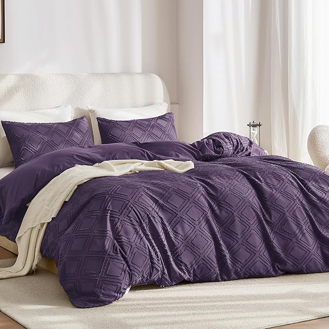 JELLYMONI Duvet Cover Queen Size Purple - 3PCS Boho Duvet Cover Set Plaid Polyester Tufted Bohemian Jacquard Knit Textured Comforter Cover 90×90in Rhombic Geometric Pattern Zipper Corner Tie